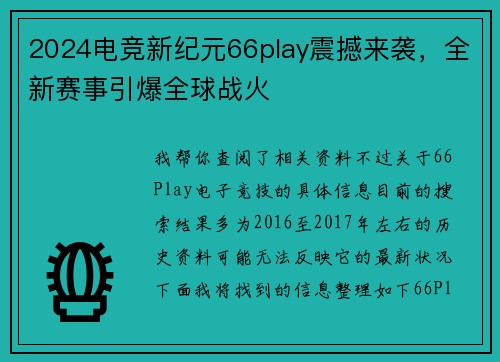 2024电竞新纪元66play震撼来袭，全新赛事引爆全球战火